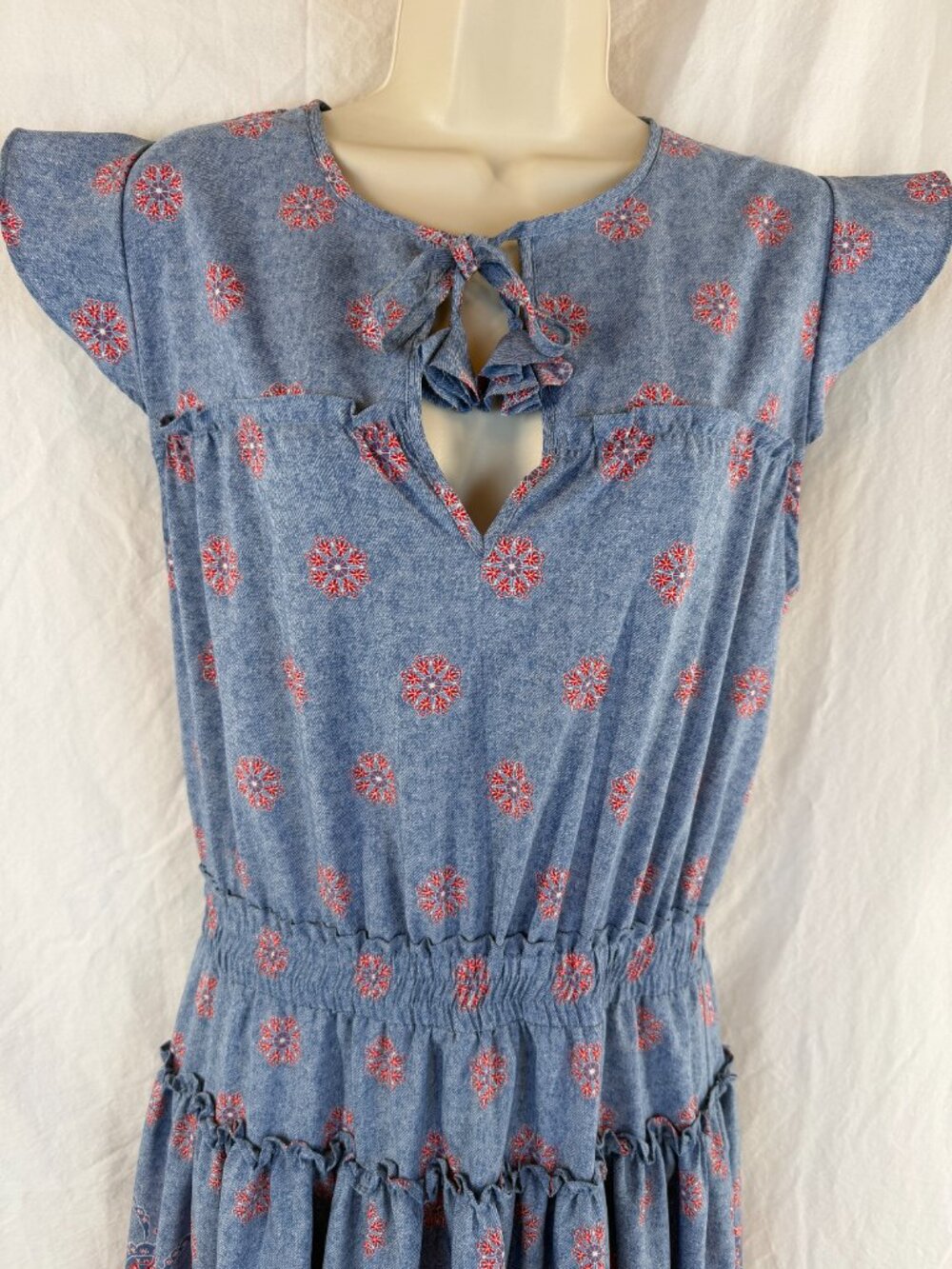 MISA Tatiana Blue Red Flutter Sleeve Mini Dress $485 - Picture 3 of 12